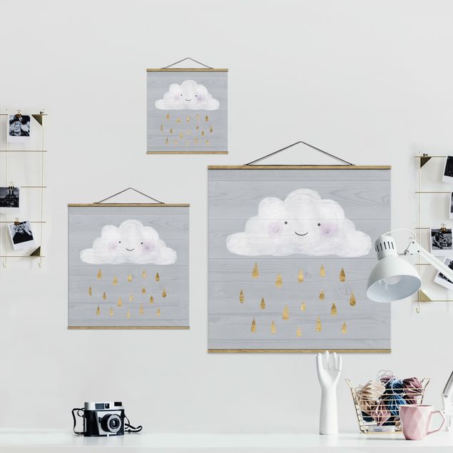 Stoffbild mit Posterleisten - Wolke mit goldenen Regentropfen - Quadrat 1:1