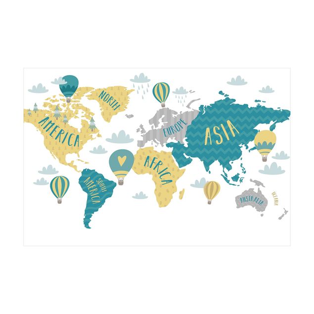 Teppich Weltkarte World Map with Hot-Air Balloon