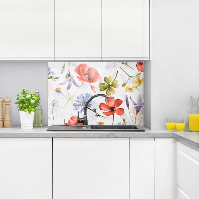 Glasrückwand Küche Blumen Aquarellierter Mohn mit Kleeblatt