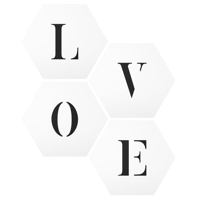 Hexagon Bild Forex 4-teilig - Buchstaben LOVE Schwarz Set II