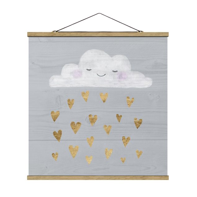 Stoffbild mit Posterleisten - Wolke mit goldenen Herzen - Quadrat 1:1