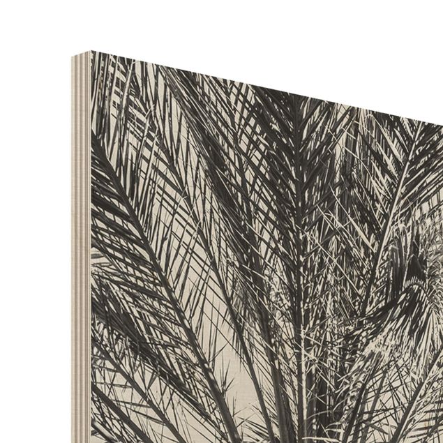 Holzbild - Palmen im Sonnenuntergang Schwarz-Weiß - Hochformat 4:3