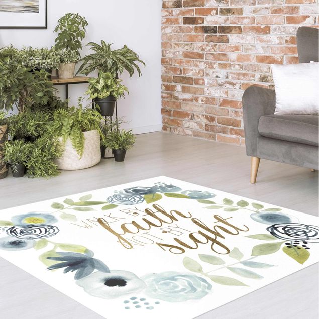 Moderner Teppich Blumenkranz mit Spruch - Faith