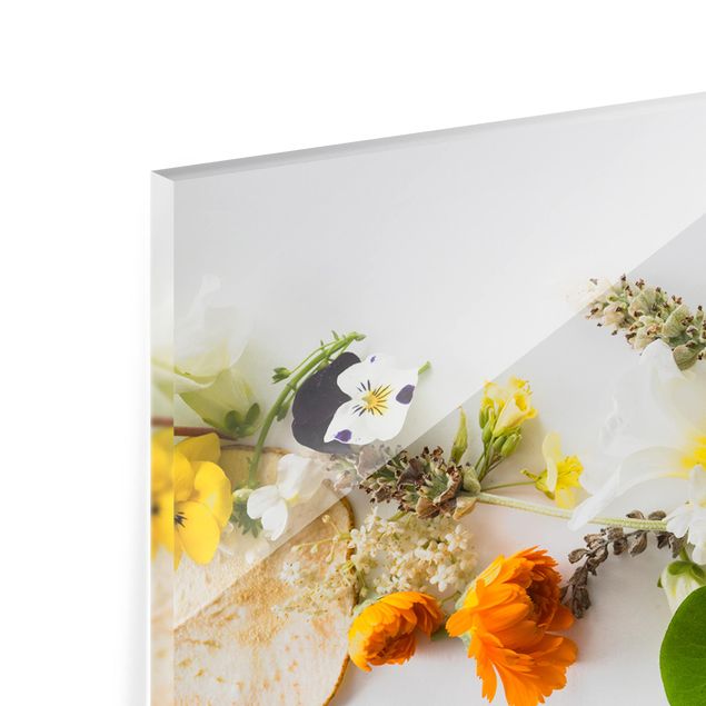 Spritzschutz Glas - Frische Kräuter mit Essblüten - Panorama - 5:2
