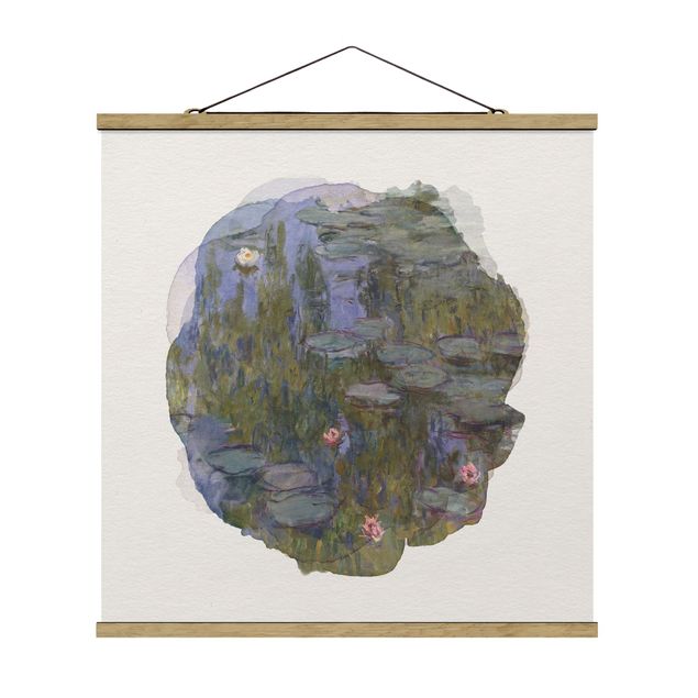 Stoffbild mit Posterleisten - Wasserfarben - Claude Monet - Seerosen (Nympheas) - Quadrat 1:1