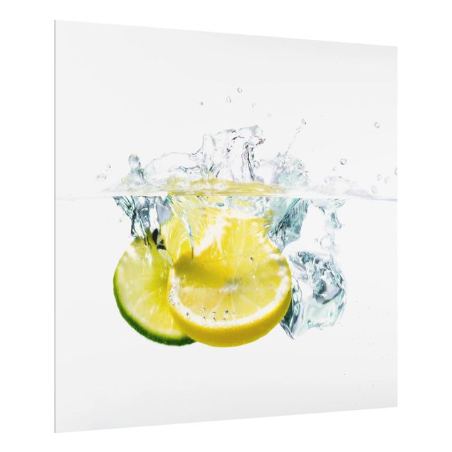 Glas Spritzschutz - Zitrone und Limette im Wasser - Quadrat - 1:1