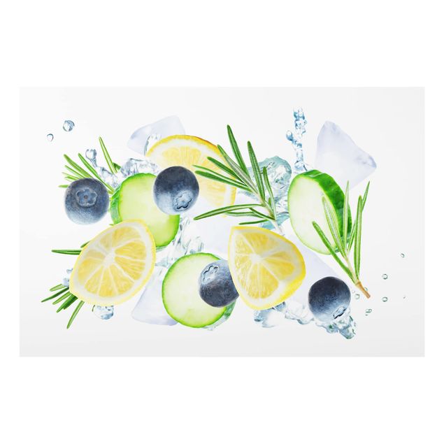 Spritzschutz Glas - Blaubeeren Zitronen Eiswürfel Spash - Querformat - 3:2