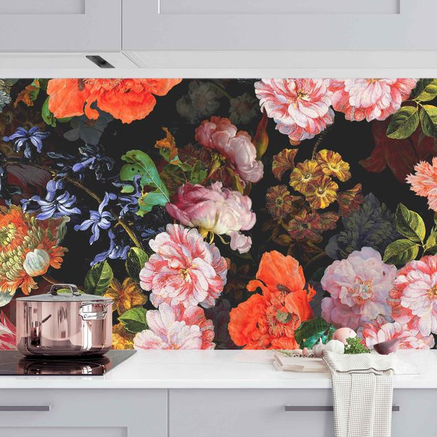 Platte Küchenrückwand Dunkles Blumenbouquet