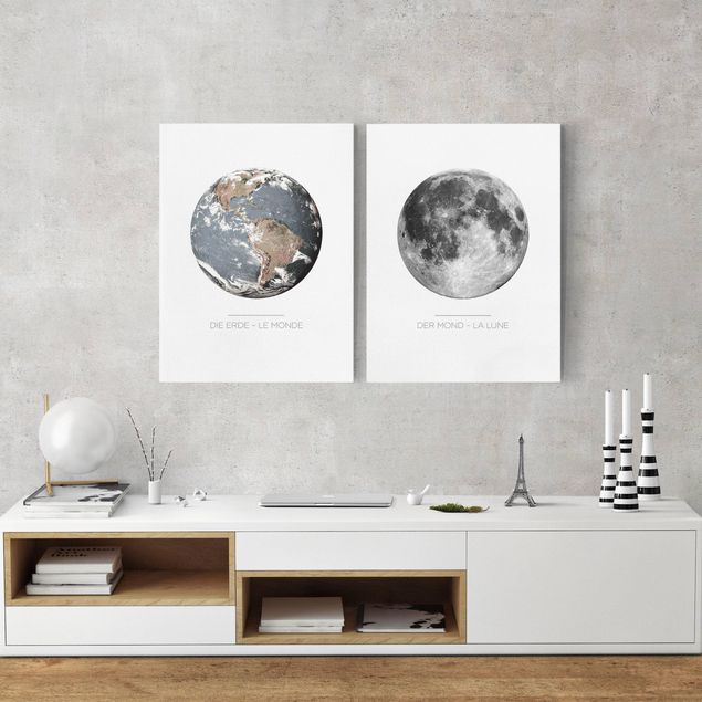 Leinwandbild 2-teilig - Mond und Erde - Hoch 4:3