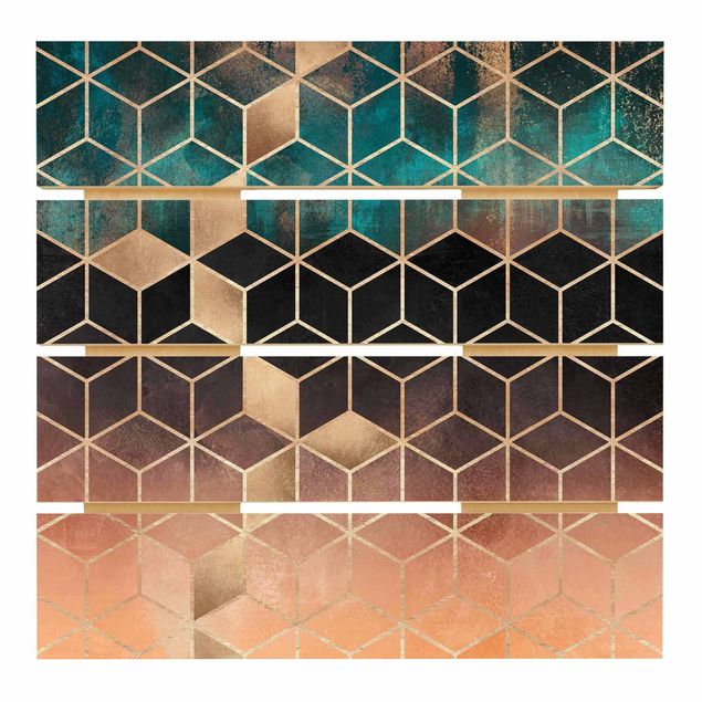 Holzbild - Elisabeth Fredriksson - Türkis Rosé goldene Geometrie - Quadrat 1:1