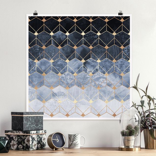 Poster - Blaue Geometrie goldenes Art Deco - Quadrat 1:1