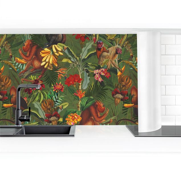 Küchenrückwand selbstklebend Tropische Blumen mit Affen II