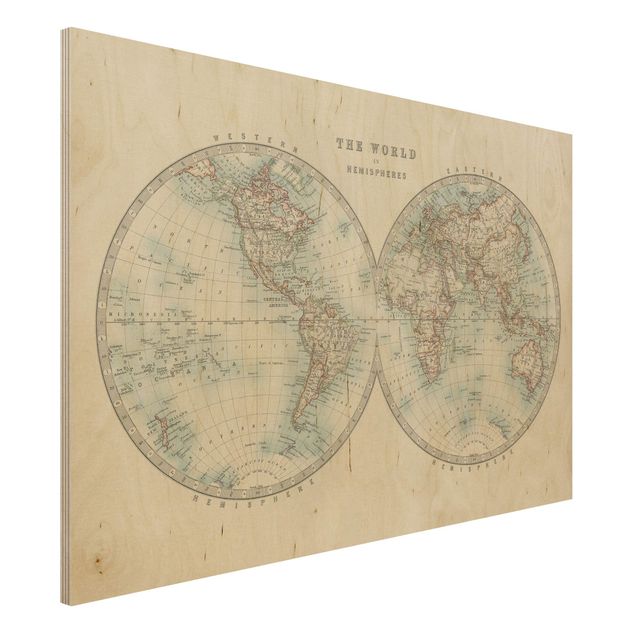 Holzbild mit Spruch Vintage Weltkarte Die zwei Hemispheren