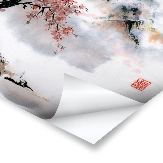 Poster - Japanische Aquarell Zeichnung Kirschbaum und Berge - Hochformat 4:3