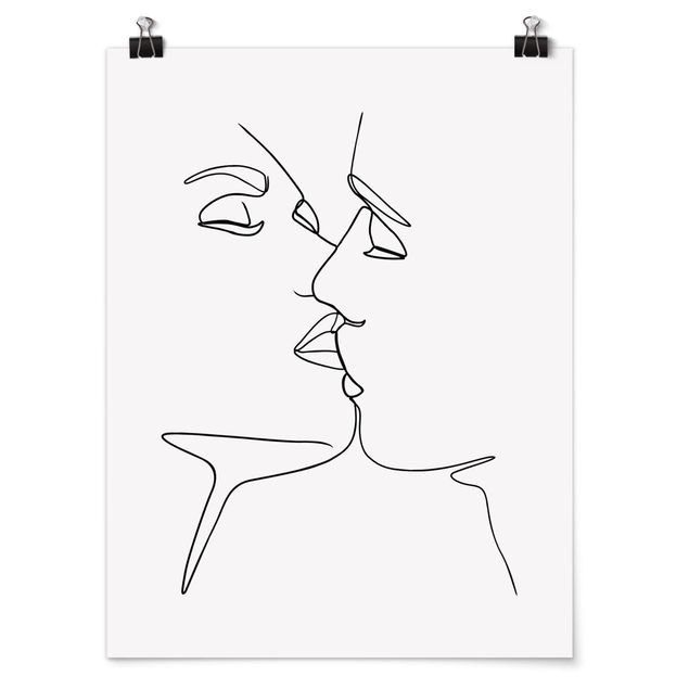 Poster - Line Art Kuss Gesichter Schwarz Weiß - Hochformat 4:3