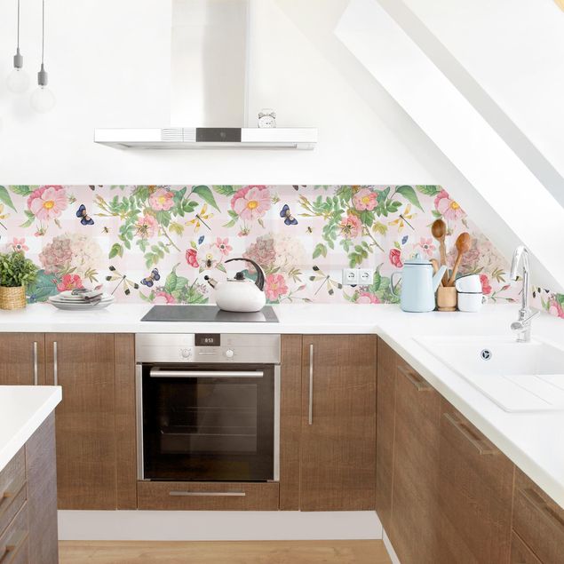 Wandpaneele Küche Schmetterlinge mit rosa Blumen