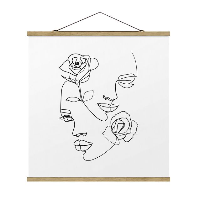 Stoffbilder mit Posterleisten Line Art Gesichter Frauen Rosen Schwarz Weiß