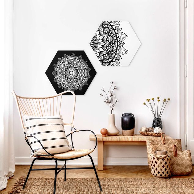 Hexagon-Bilder Mandala Illustration shabby Set schwarz weiß