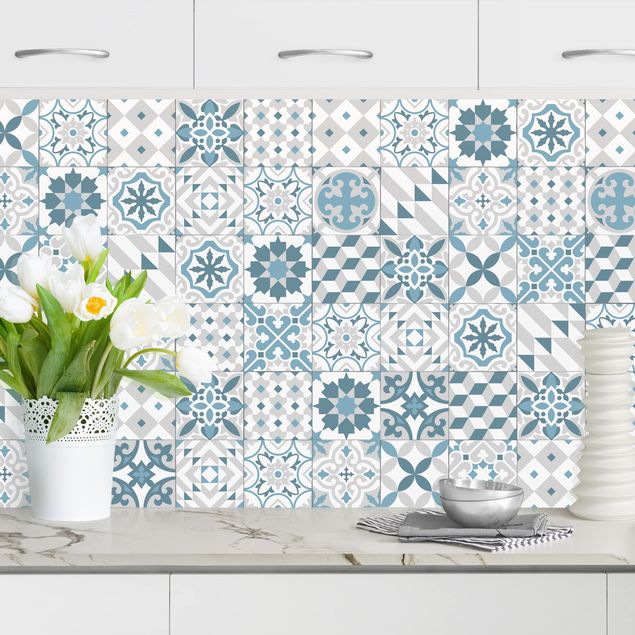 Platte Küchenrückwand Geometrischer Fliesenmix Blaugrau