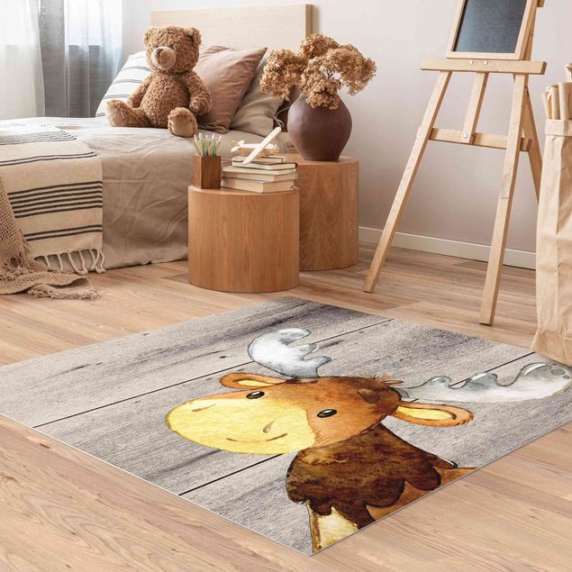 Kinderteppich Tiere Aquarell Hirsch auf Holz