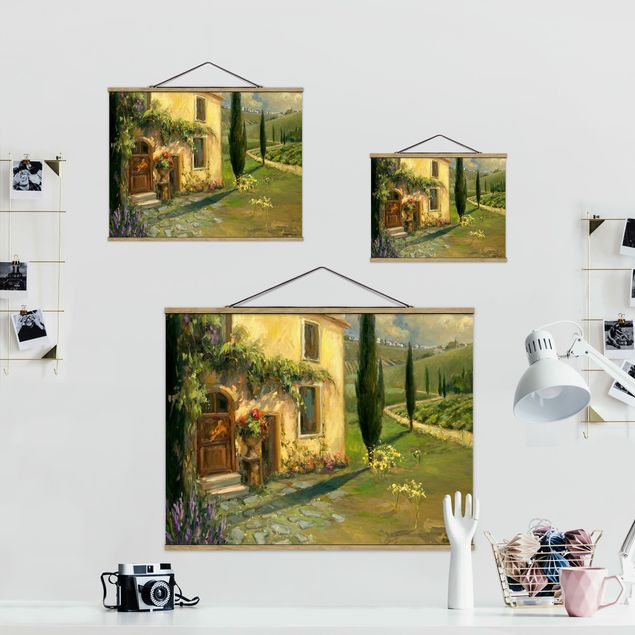 Stoffbild mit Posterleisten - Italienische Landschaft - Zypresse - Querformat 4:3