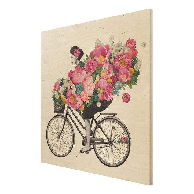 Graves Bilder Illustration Frau auf Fahrrad Collage bunte Blumen