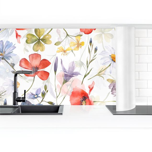 Küchenrückwand selbstklebend Aquarellierter Mohn mit Kleeblatt