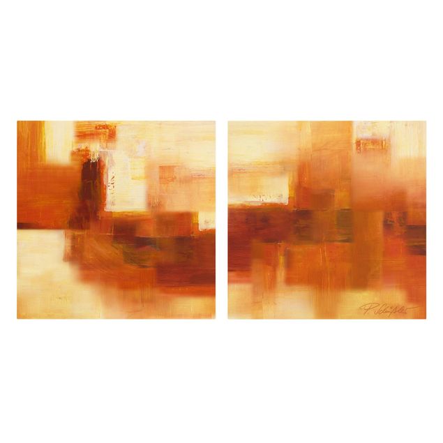 Leinwandbild 2-teilig - Komposition in Orange und Braun - Quadrate 1:1