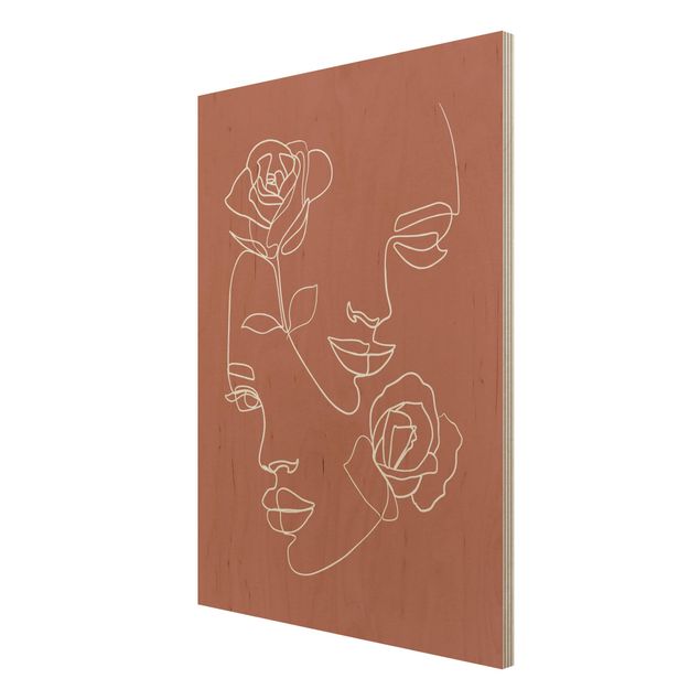 Holzbild Blumen Line Art Gesichter Frauen Rosen Kupfer