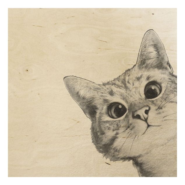 Holzbild - Illustration Katze Zeichnung Schwarz Weiß - Quadrat 1:1