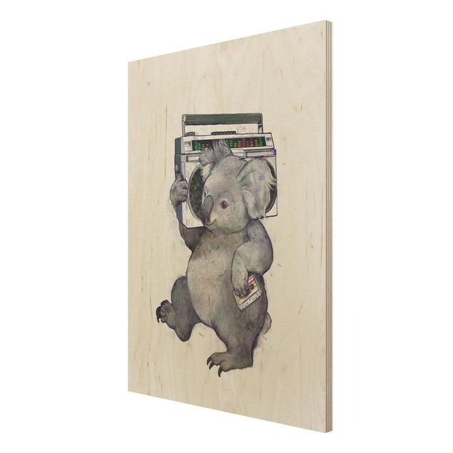Holzbild - Illustration Koala mit Radio Malerei - Hochformat 4:3