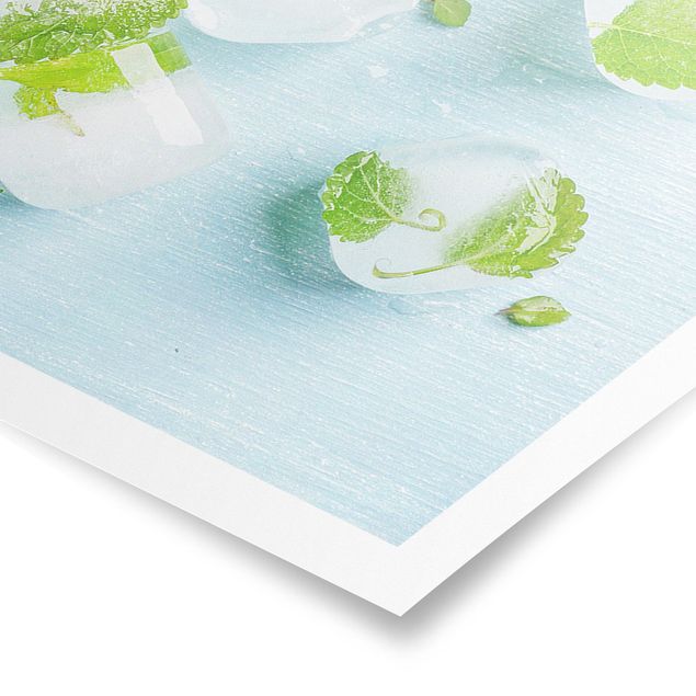 Poster - Eiswürfel mit Minzblättern - Panorama Querformat
