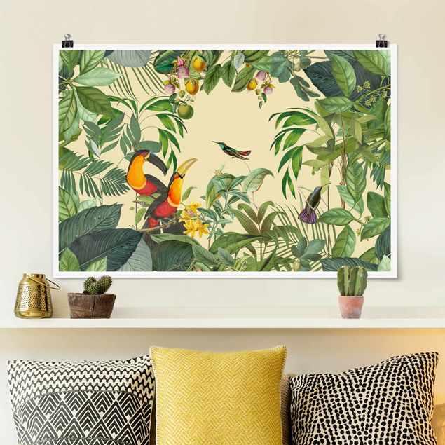 Wand Poster XXL Vintage Collage - Vögel im Dschungel