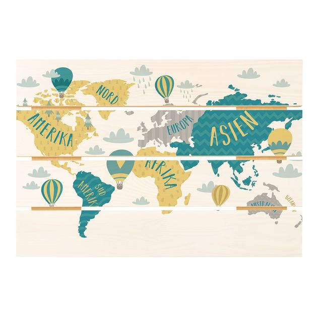 Holzbild - Weltkarte mit Heißluftballon - Querformat 2:3