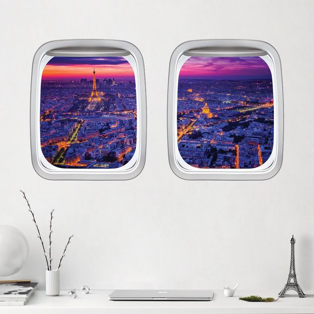 Wandtattoo 3D Doppelfenster Flugzeug Paris bei Nacht