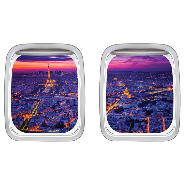 Wandsticker Doppelfenster Flugzeug Paris bei Nacht