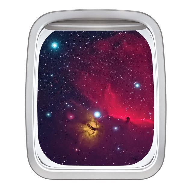 3D Wandtattoo - Fenster Flugzeug Farbenfrohe Galaxie