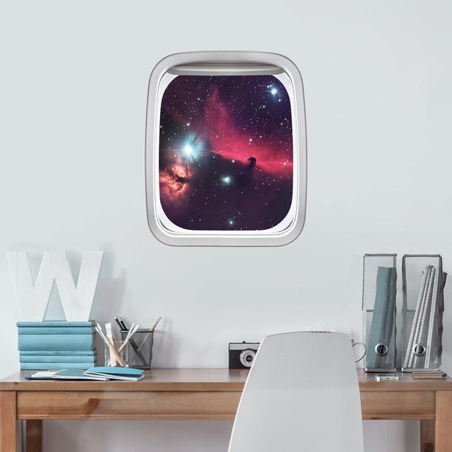 3D Wandtattoo - Fenster Flugzeug Pferd im Weltraum