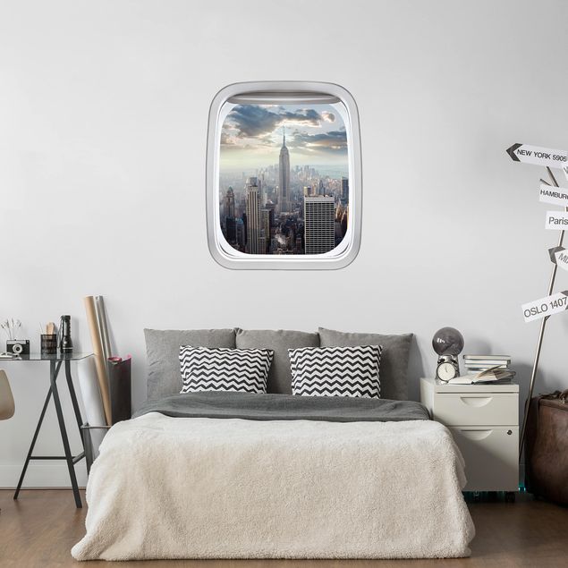 Wandtattoo Skyline Fenster Flugzeug Sonnenaufgang in New York