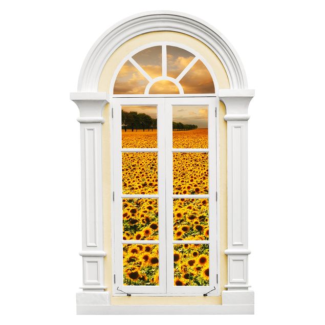 Wandtattoo Pflanzen Fenster Mediterran Feld mit Sonnenblumen