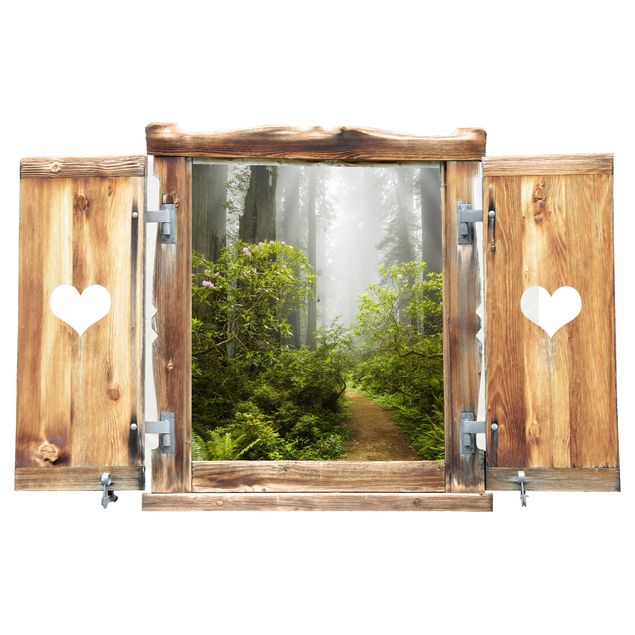 Wandtattoo Natur Fenster mit Herz Nebliger Waldpfad