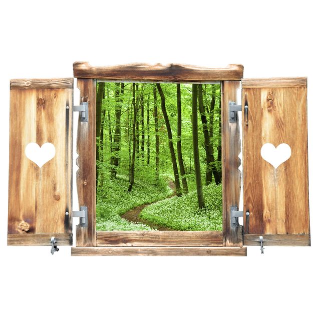 Wandtattoo Natur Fenster mit Herz Romantischer Waldweg