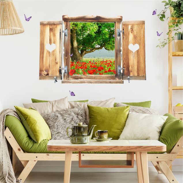 Wandsticker Blumen Fenster mit Herz Sommerwiese
