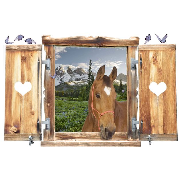 Tier Wandtattoo Fenster mit Herz und Pferd Bergblick Wiesenpfad