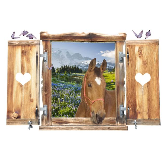 3D Wandtattoo - Fenster mit Herz und Pferd Bergwiese mit Blumen