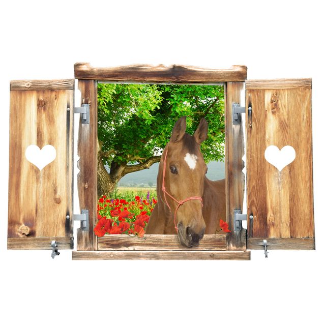 3D Wandtattoo - Fenster mit Herz und Pferd Sommerwiese