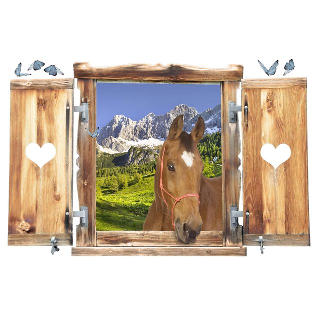 Wandsticker Tiere Fenster mit Herz und Pferd Steiermark Almwiese