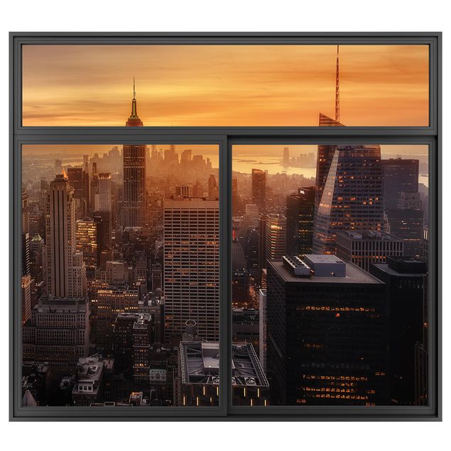Wandtattoo Natur Fenster Schwarz Manhattan Skyline Abendstimmung