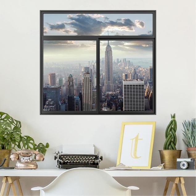3D Wandtattoo Fenster Schwarz Sonnenaufgang in New York