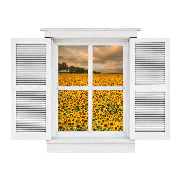 Wandtattoo Pflanzen Flügelfenster Feld mit Sonnenblumen